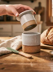 Mantegueira francesa de cerâmica sobre mesa posta com manteiga macia pronta para servir